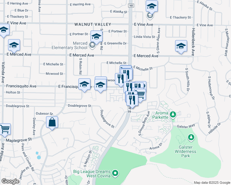 map of restaurants, bars, coffee shops, grocery stores, and more near 1694 Bridgeport in West Covina