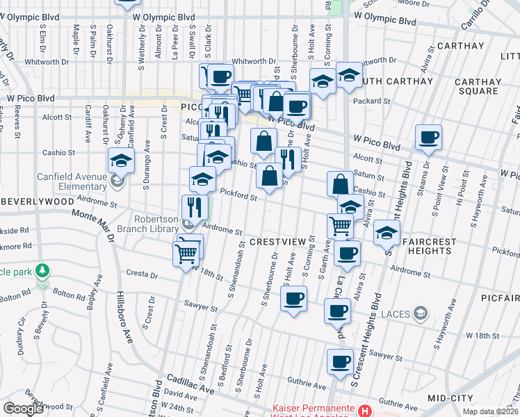 map of restaurants, bars, coffee shops, grocery stores, and more near 1611 South Bedford Street in Los Angeles