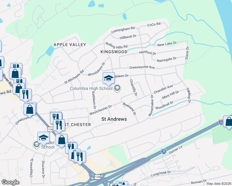 map of restaurants, bars, coffee shops, grocery stores, and more near 1801 Breeland Street in Columbia