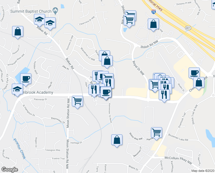 map of restaurants, bars, coffee shops, grocery stores, and more near 2090 Baker Road in Kennesaw