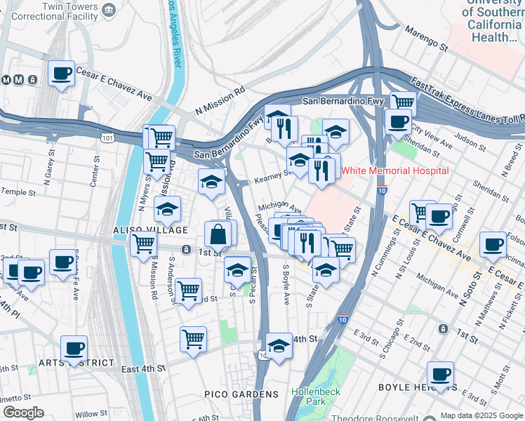 map of restaurants, bars, coffee shops, grocery stores, and more near 1501 Pleasant Avenue in Los Angeles