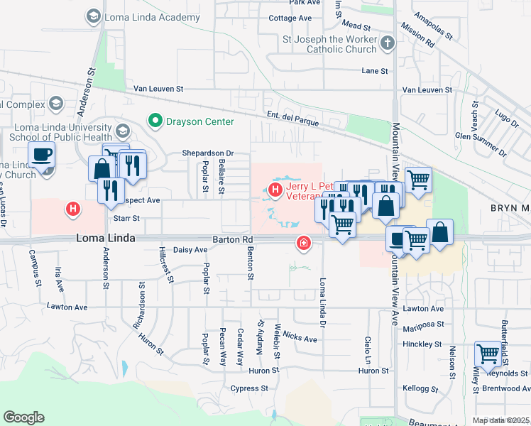 map of restaurants, bars, coffee shops, grocery stores, and more near in Loma Linda