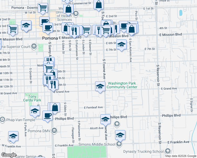 map of restaurants, bars, coffee shops, grocery stores, and more near 743 East 11th Street in Pomona