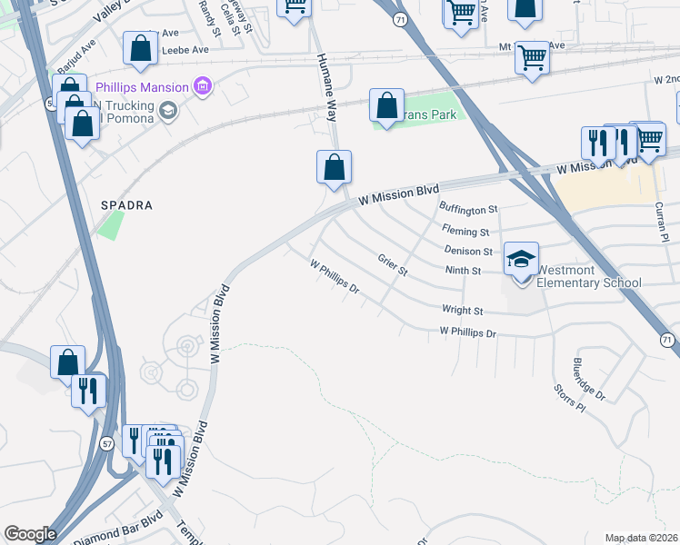 map of restaurants, bars, coffee shops, grocery stores, and more near 1978 Wright Street in Pomona