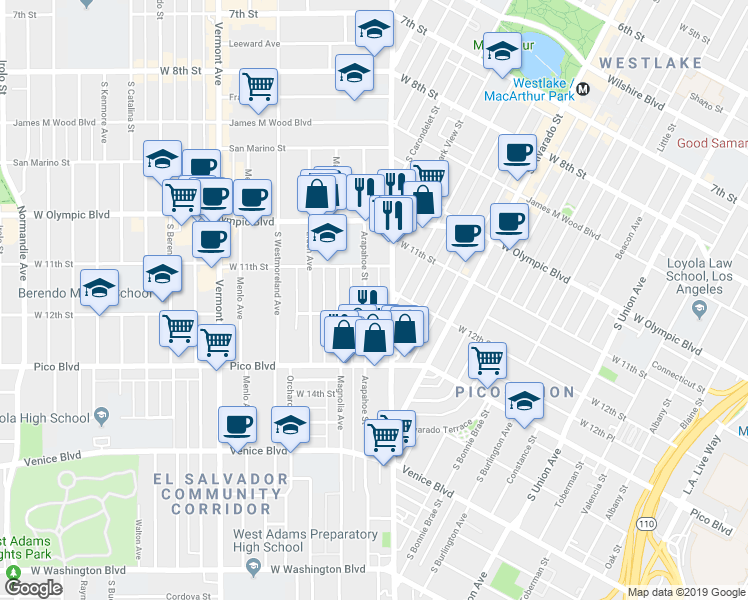 map of restaurants, bars, coffee shops, grocery stores, and more near 1125 Arapahoe Street in Los Angeles