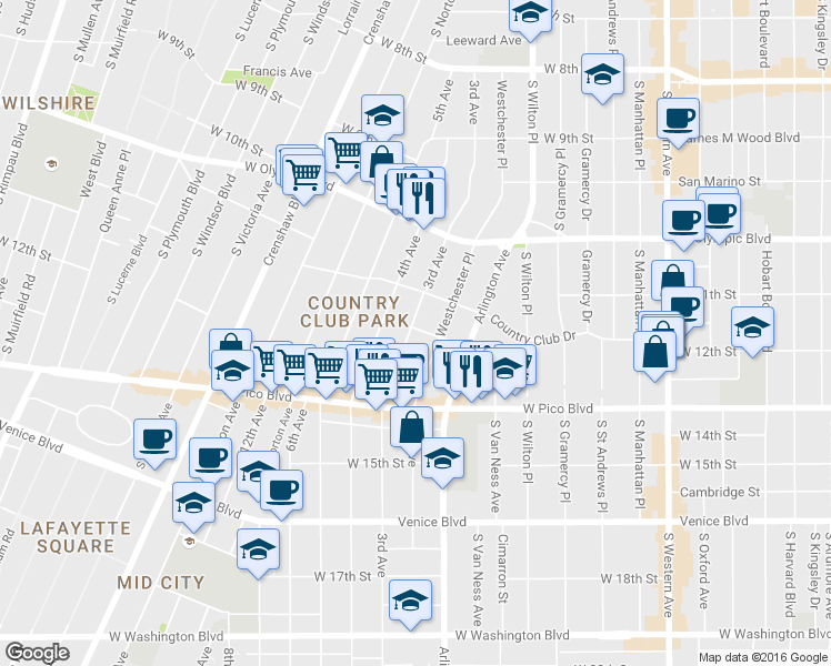 map of restaurants, bars, coffee shops, grocery stores, and more near 3523 West 12th Street in Los Angeles