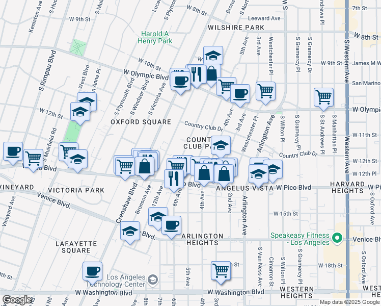 map of restaurants, bars, coffee shops, grocery stores, and more near 1159 South Norton Avenue in Los Angeles