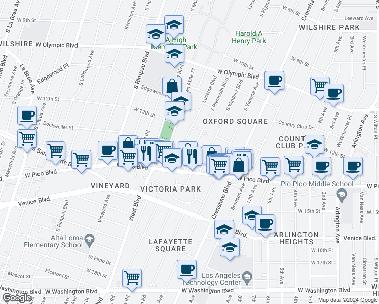 map of restaurants, bars, coffee shops, grocery stores, and more near 1230 South Lucerne Boulevard in Los Angeles