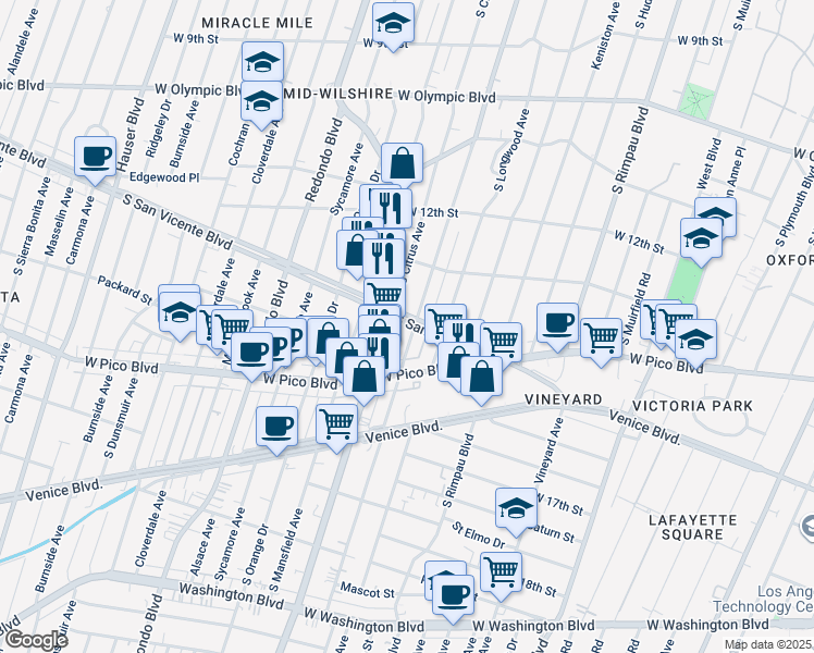 map of restaurants, bars, coffee shops, grocery stores, and more near 1294 South Highland Avenue in Los Angeles