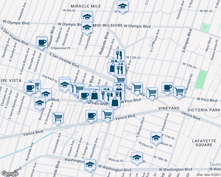 map of restaurants, bars, coffee shops, grocery stores, and more near 1315 South Mansfield Avenue in Los Angeles