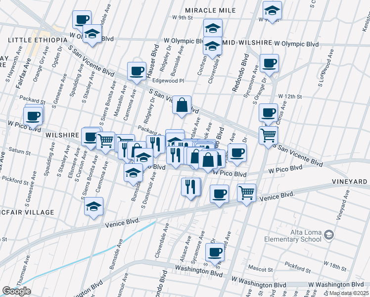 map of restaurants, bars, coffee shops, grocery stores, and more near 1328 South Cochran Avenue in Los Angeles