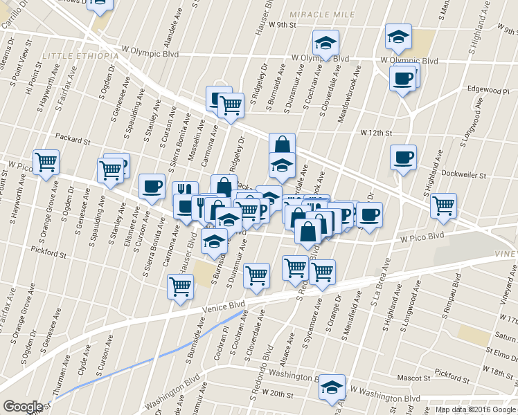 map of restaurants, bars, coffee shops, grocery stores, and more near 5322 Packard Street in Los Angeles