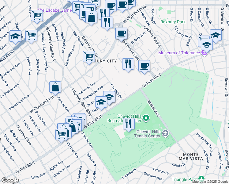 map of restaurants, bars, coffee shops, grocery stores, and more near 2325 Fox Hills Drive in Los Angeles