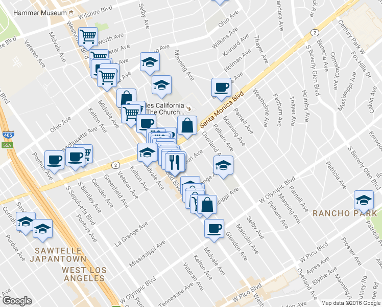 map of restaurants, bars, coffee shops, grocery stores, and more near 1810 Malcolm Avenue in Los Angeles