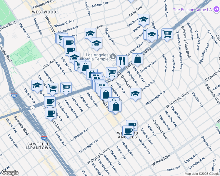 map of restaurants, bars, coffee shops, grocery stores, and more near 1810 Malcolm Avenue in Los Angeles