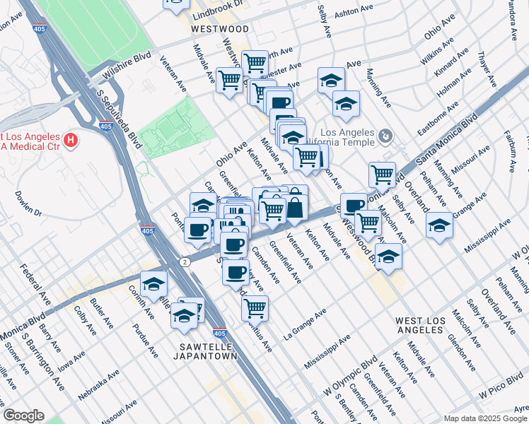 map of restaurants, bars, coffee shops, grocery stores, and more near 1641 Veteran Avenue in Los Angeles