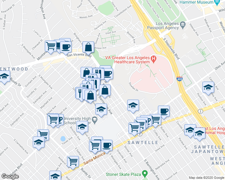 map of restaurants, bars, coffee shops, grocery stores, and more near 1250 Federal Avenue in Los Angeles