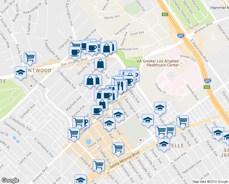 map of restaurants, bars, coffee shops, grocery stores, and more near 11723 Goshen Avenue in Los Angeles