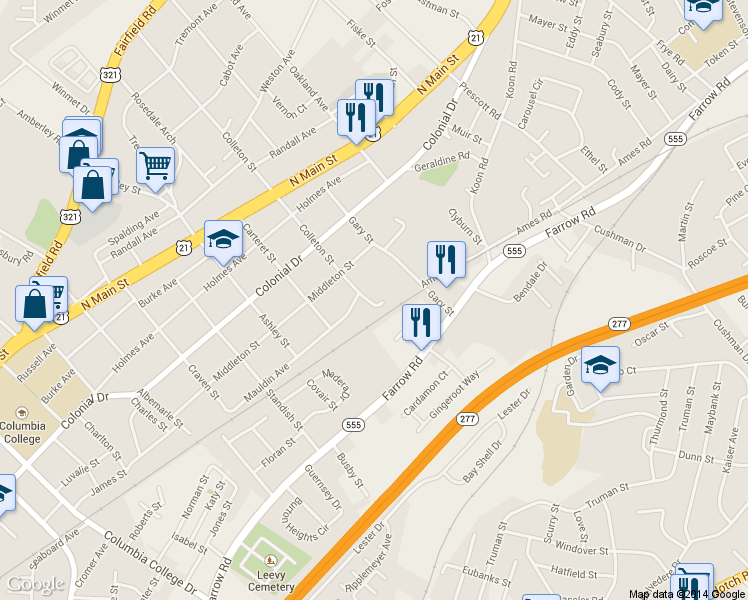 map of restaurants, bars, coffee shops, grocery stores, and more near 1706 Gary Street in Columbia