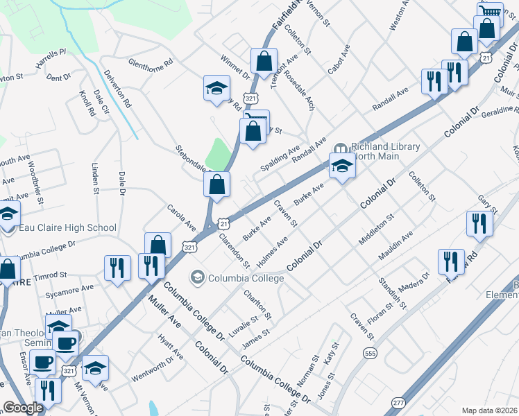 map of restaurants, bars, coffee shops, grocery stores, and more near 5025 North Main Street in Columbia