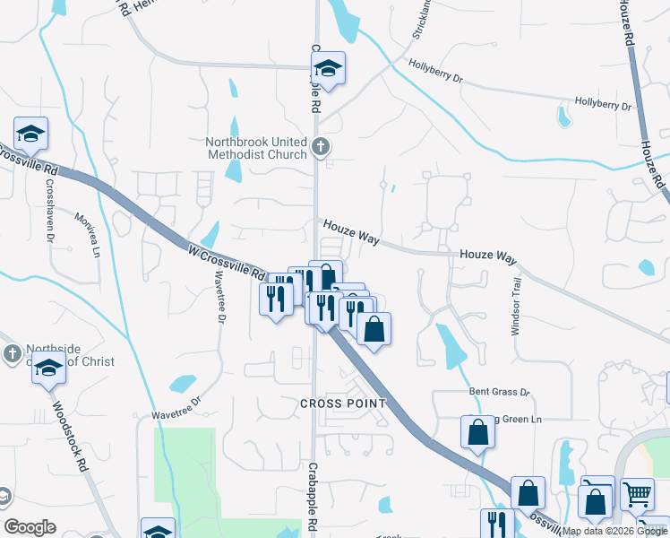 map of restaurants, bars, coffee shops, grocery stores, and more near 8650 Parker Place in Roswell