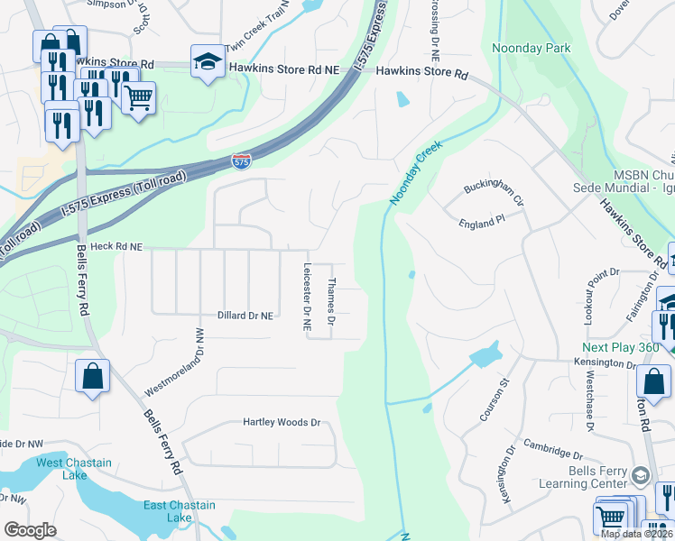 map of restaurants, bars, coffee shops, grocery stores, and more near 158 Drury Lane in Kennesaw