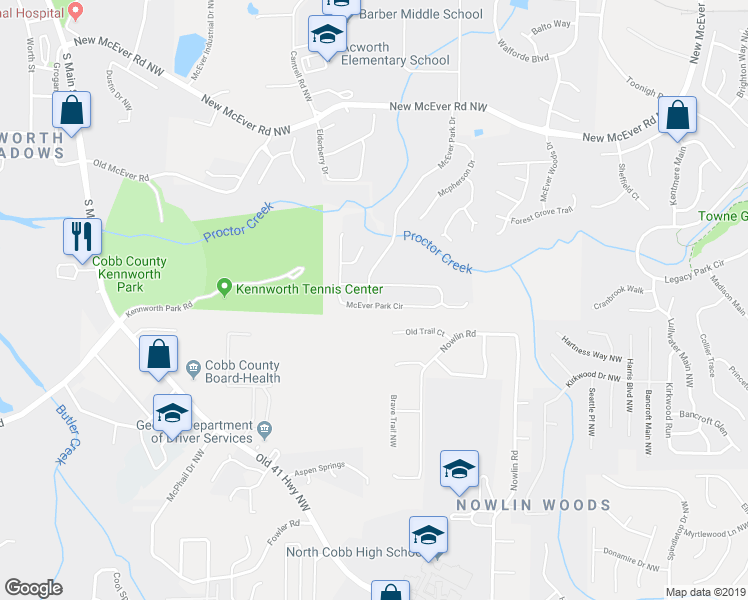 map of restaurants, bars, coffee shops, grocery stores, and more near 3268 McEver Park Circle in Acworth