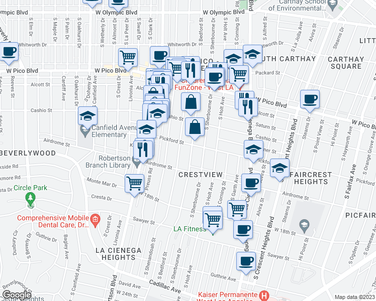 map of restaurants, bars, coffee shops, grocery stores, and more near 1611 South Bedford Street in Los Angeles