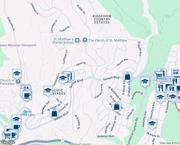 map of restaurants, bars, coffee shops, grocery stores, and more near 16320 Akron Street in Los Angeles
