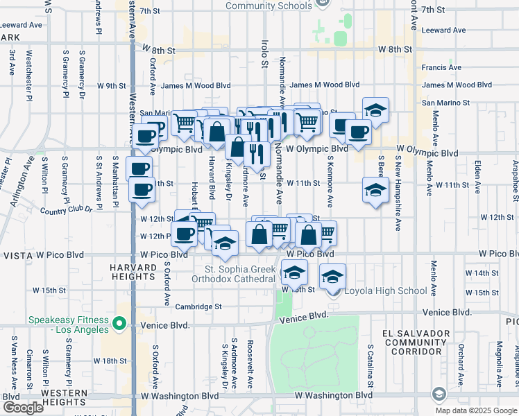 map of restaurants, bars, coffee shops, grocery stores, and more near 1143 Irolo Street in Los Angeles