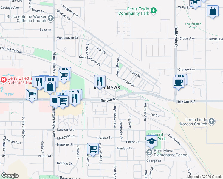 map of restaurants, bars, coffee shops, grocery stores, and more near 26079 Juanita Street in Loma Linda