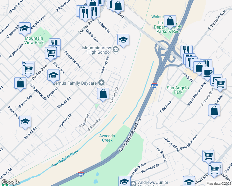 map of restaurants, bars, coffee shops, grocery stores, and more near 404 North Riverside in El Monte