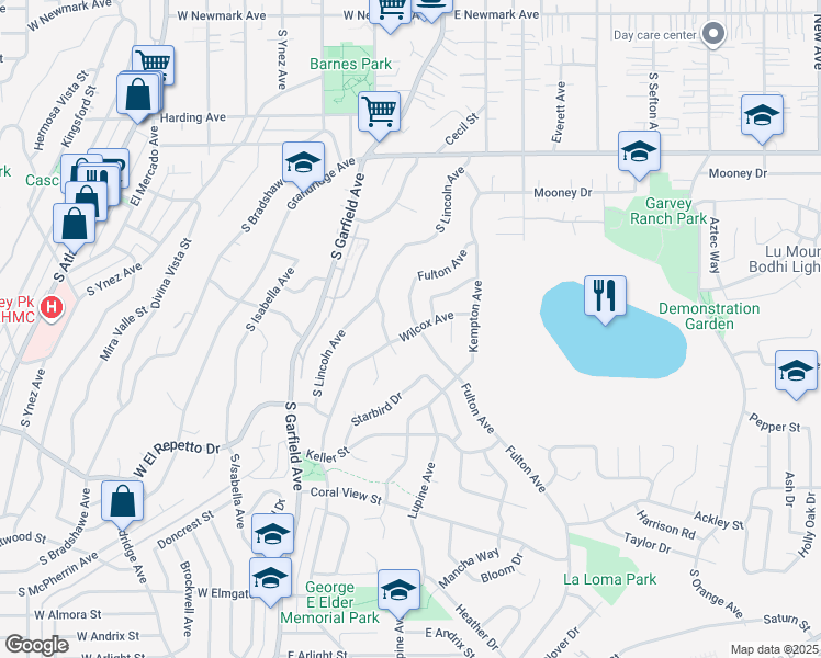 map of restaurants, bars, coffee shops, grocery stores, and more near 1165 Wilcox Avenue in Monterey Park