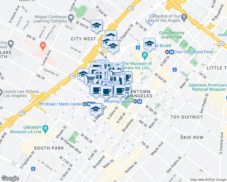 map of restaurants, bars, coffee shops, grocery stores, and more near 535 South Grand Avenue in Los Angeles