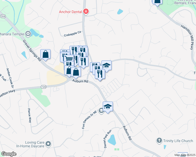 map of restaurants, bars, coffee shops, grocery stores, and more near 1862 Auburn Road in Dacula