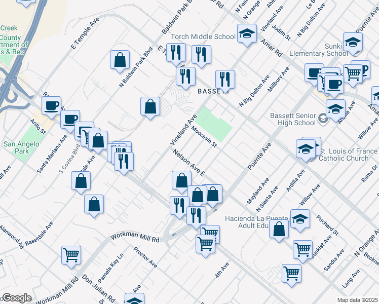 map of restaurants, bars, coffee shops, grocery stores, and more near 319 Le Borgne Avenue in La Puente