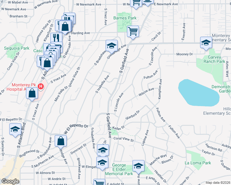 map of restaurants, bars, coffee shops, grocery stores, and more near 1050 South Garfield Avenue in Monterey Park