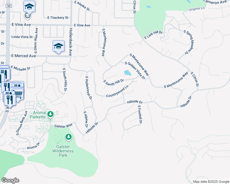 map of restaurants, bars, coffee shops, grocery stores, and more near 2829 Countrywood Lane in West Covina