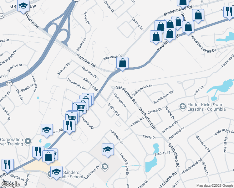 map of restaurants, bars, coffee shops, grocery stores, and more near 6819 Satchelford Road in Columbia