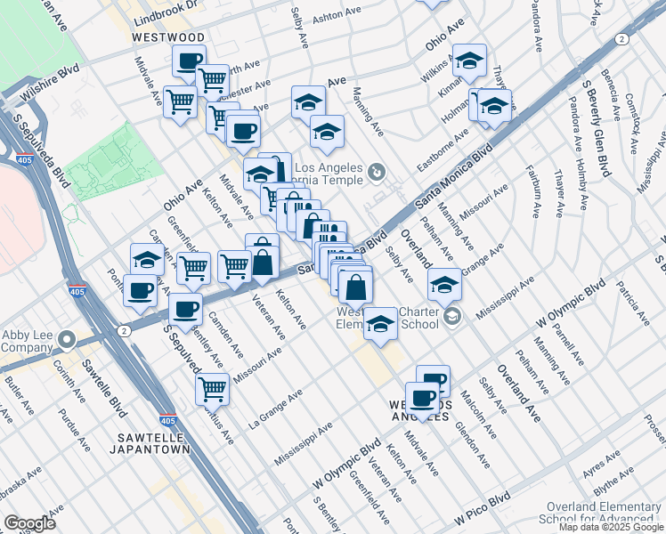 map of restaurants, bars, coffee shops, grocery stores, and more near 10854 Santa Monica Boulevard in Los Angeles