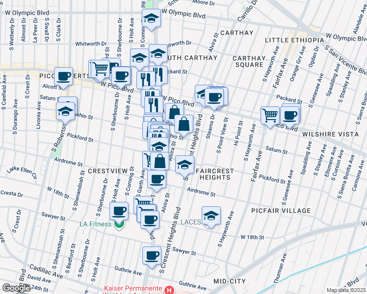 map of restaurants, bars, coffee shops, grocery stores, and more near 6069 Horner Street in Los Angeles