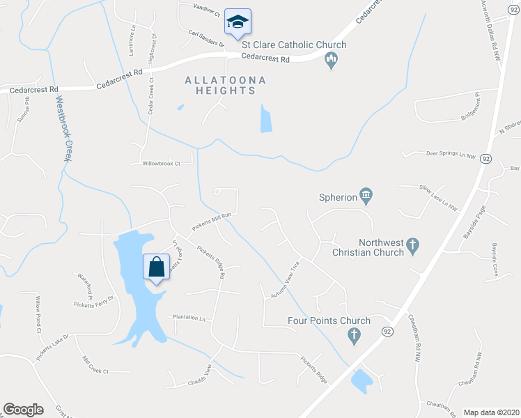 map of restaurants, bars, coffee shops, grocery stores, and more near 3855 Autumn View Drive in Acworth