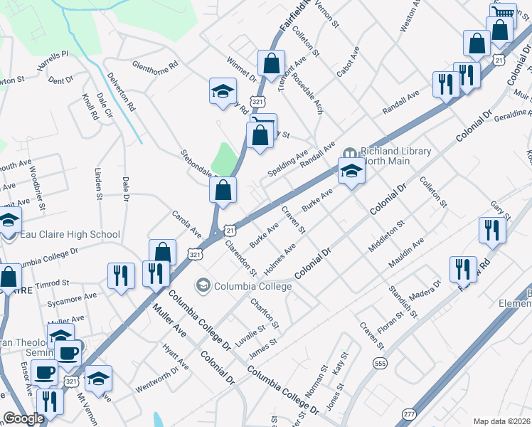 map of restaurants, bars, coffee shops, grocery stores, and more near 5025 North Main Street in Columbia