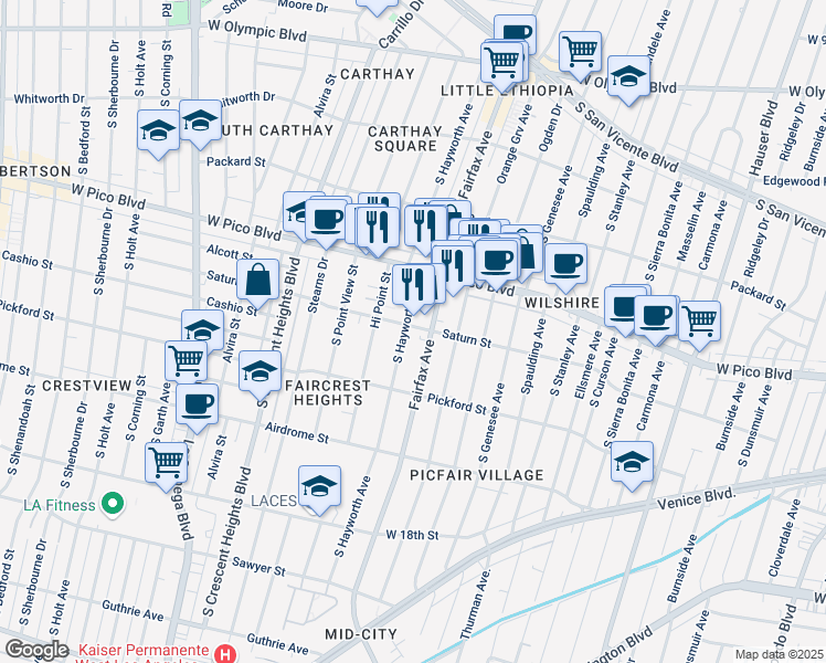 map of restaurants, bars, coffee shops, grocery stores, and more near 1455 South Hayworth Avenue in Los Angeles