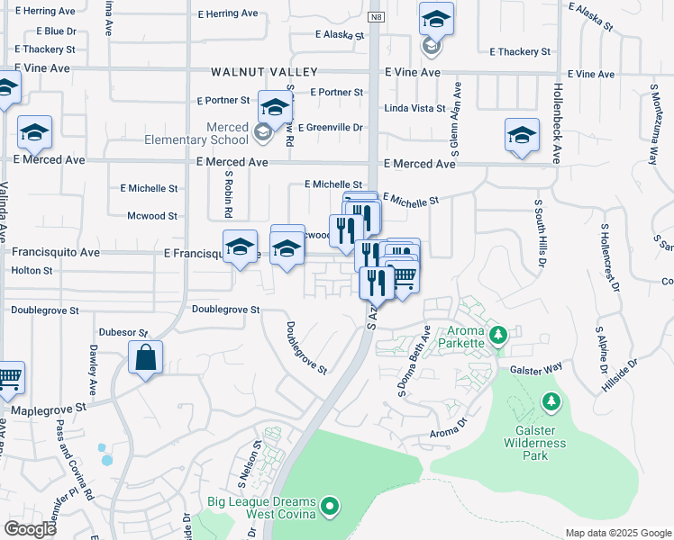 map of restaurants, bars, coffee shops, grocery stores, and more near 1704 Bridgeport in West Covina