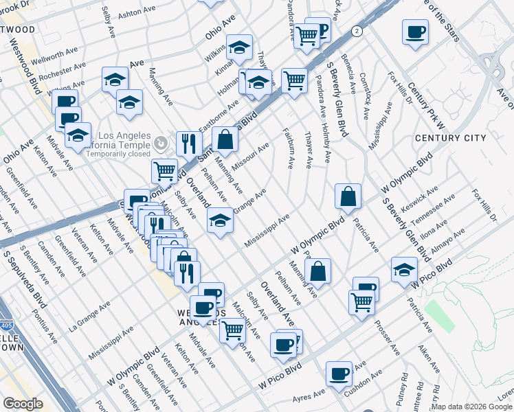 map of restaurants, bars, coffee shops, grocery stores, and more near 2007 Parnell Avenue in Los Angeles