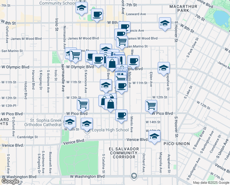 map of restaurants, bars, coffee shops, grocery stores, and more near 1131 South New Hampshire Avenue in Los Angeles