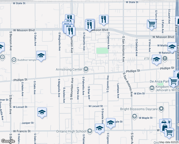 map of restaurants, bars, coffee shops, grocery stores, and more near 910 West Phillips Street in Ontario