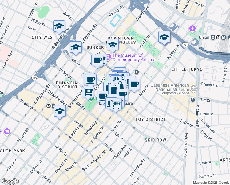 map of restaurants, bars, coffee shops, grocery stores, and more near 320 West 4th Street in Los Angeles