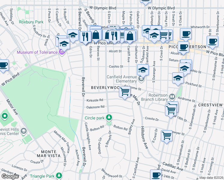 map of restaurants, bars, coffee shops, grocery stores, and more near 1625 Rexford Drive in Los Angeles
